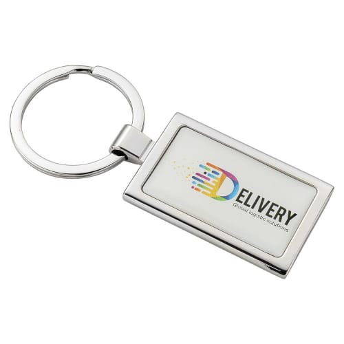 Logo branded Rectangular Alloy Injection Keyring with an example of a logo from Total Merchandise