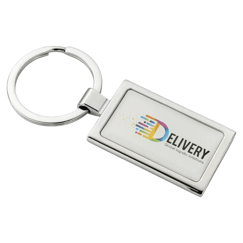 Logo branded Rectangular Alloy Injection Keyring with an example of a logo from Total Merchandise