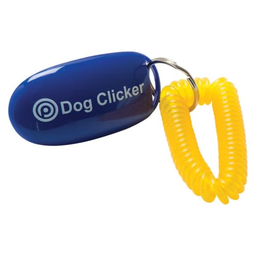 The front of the promotional dog clicker with an example of a company logo from Total Merchandise