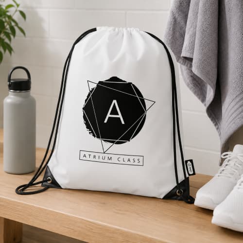 Lifestyle image of the Recycled rPET Drawstring Backpacks logo printed by Total Merchandise