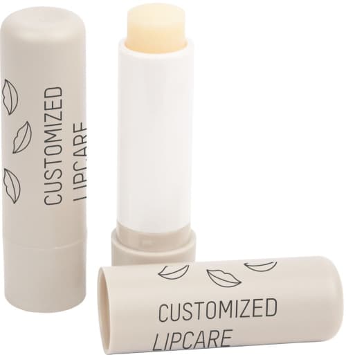 Customisable Sand Recycled Container Lip Balm Stick image with the lid off from Total Merchandise