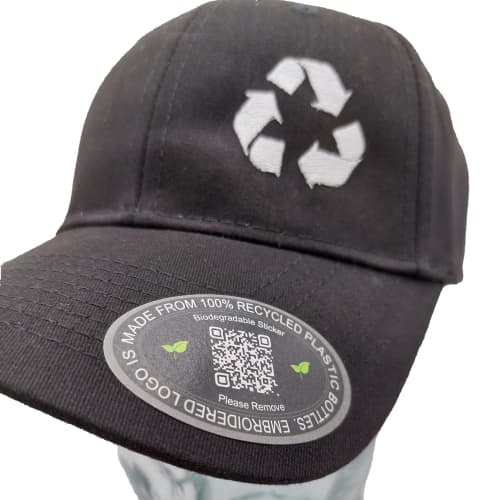 Promotional Recycled Polyester Caps with Biodegradable sticker on front by Total Merchandise