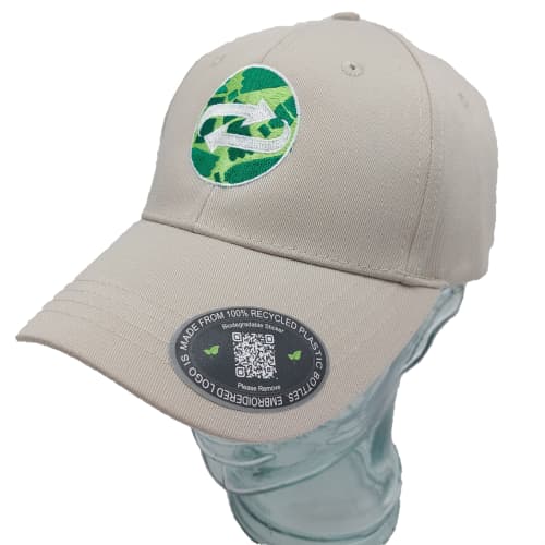 Example of embroidery on Recycled Polyester Caps with biodegradable sticker by Total Merchandise