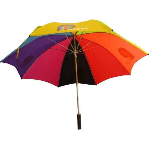 Customisable Bedford Sport Recycled Umbrellas with an example logo printed to three of its panels