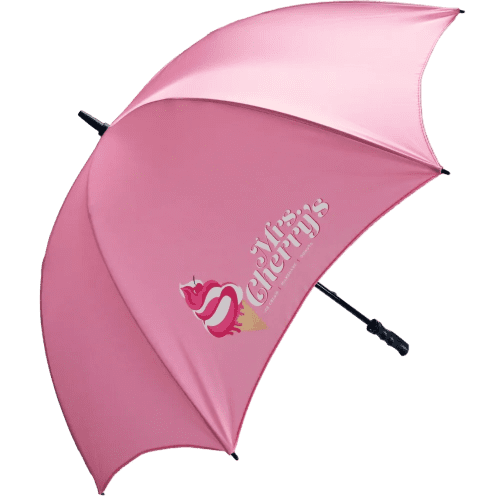 Custom printed Fibrestorm Recycled Golf Umbrellas with an example logo printed on one of the panels