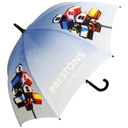 Custom Branded Executive Walker Recycled Umbrellas showing example logos on each panel