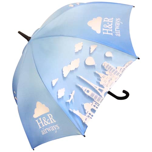 Logo printed Executive Walker Recycled Umbrellas with example logos printed onto some of the panels
