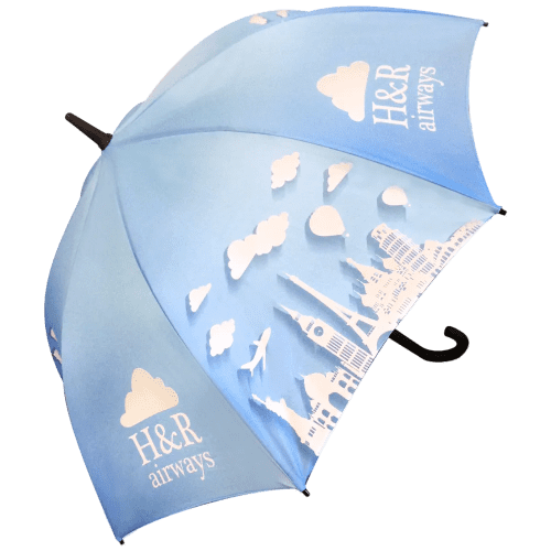 Logo printed Executive Walker Recycled Umbrellas with example logos printed onto some of the panels