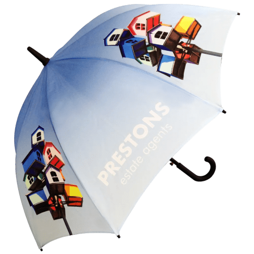Custom Branded Executive Walker Recycled Umbrellas showing example logos on each panel