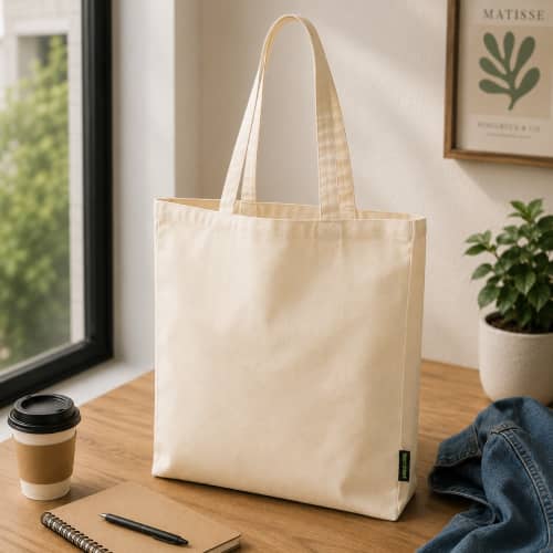 Lifestyle image of the Organic Cotton Tote Bag personalised by Total Merchandise
