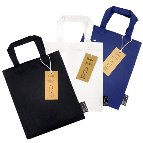 Selection of customised Mini rPET Bags in Black, White and Navy from Total Merchandise