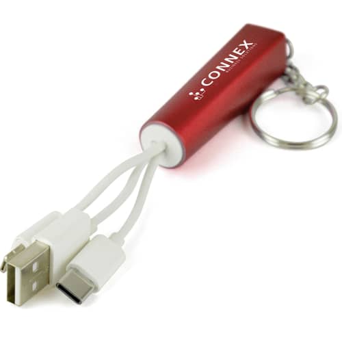 Branded Light Up Charger Keyring in red with an engraved logo by Total Merchandise.