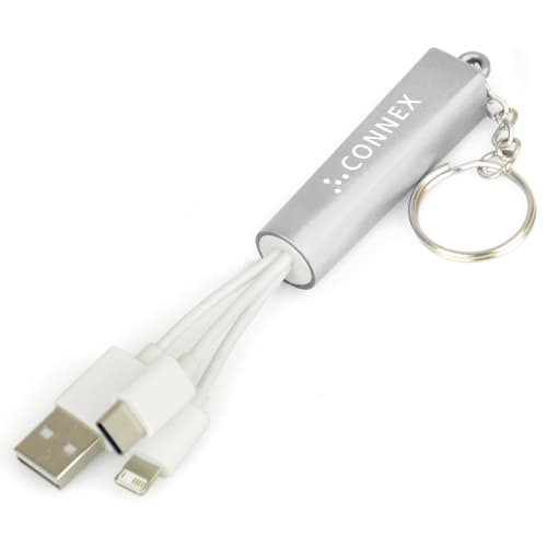 Customised Light Up Charger Keyring in silver with an engraved logo by Total Merchandise.