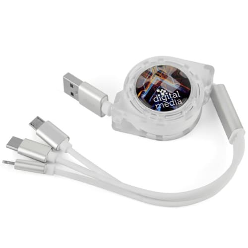 Custom 3 in 1 Charger is either print labeled or domed by Total Merchandise to show your logo.