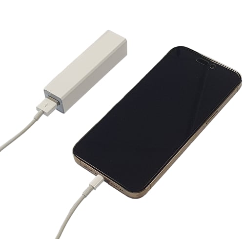 UK Branded 2200mAh White Cuboid Power Bank Charging a Phone at Total Merchandise