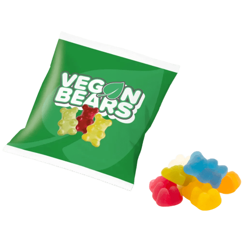 Custom printed Vegan Bears Flow Bag with an example of its contents from Total Merchandise