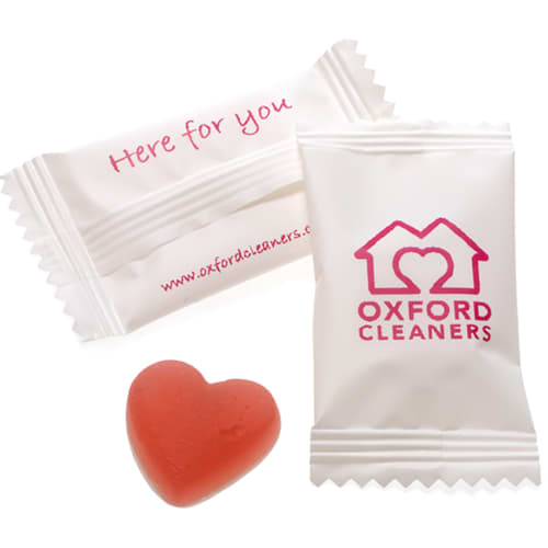 Our corporate Flow Wrapped Haribo Hearts are spot colour printed by Total Merchandise.