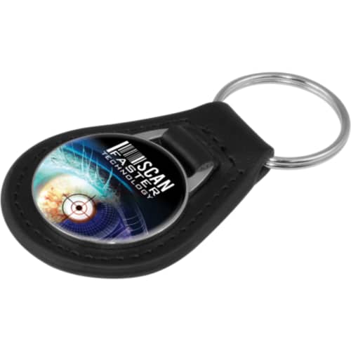 Promotional Emperor Circle Leather Keyring in Silver with a company design from Total Merchandise