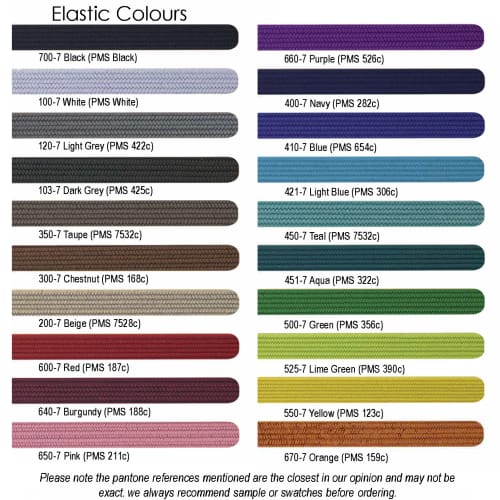 Colour chart of the colours available for the elastic on Infusion Pantone Matched Notebooks