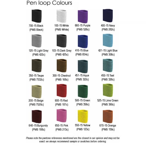 Colour chart of the colours available for the pen loop on Infusion Pantone Matched Notebooks