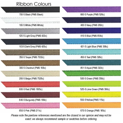 Colour chart of the colours available for the ribbon on Infusion Pantone Matched Notebooks