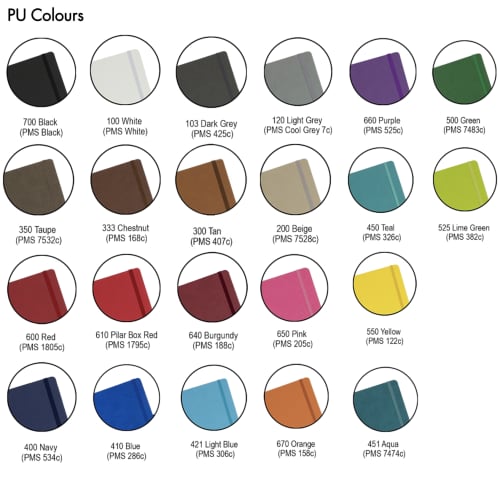 Colour chart of the colours available for the cover on Infusion Mix & Match Notebooks