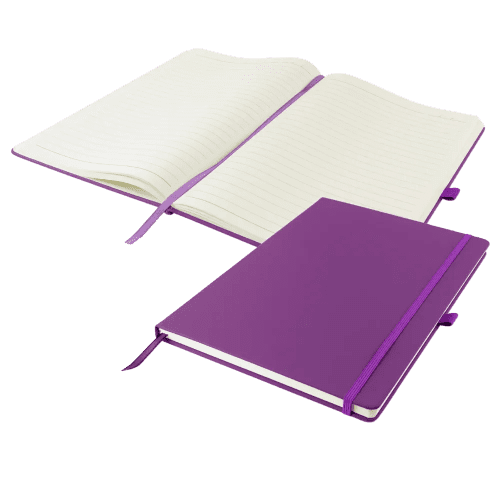 The inside of the Custom branded Dunn A4 Notebook in purple from Total Merchandise
