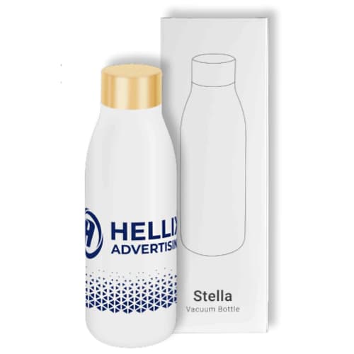 Custom printed double-walled bottle in White with Gold lid and example logo from Total Merchandise