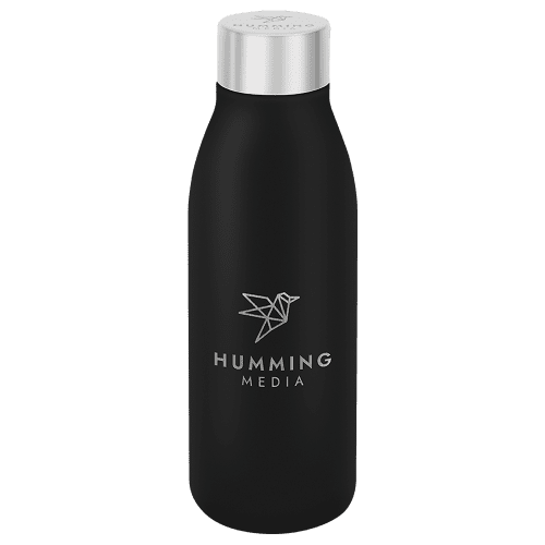 Custom branded reusable bottle in Black with Silver lid and example logo from Total Merchandise