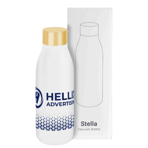 Custom printed double-walled bottle in White with Gold lid and example logo from Total Merchandise