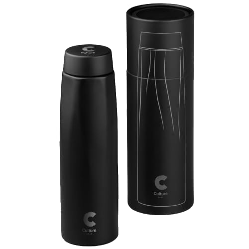 Promotional reusable metal bottle in Black showing the packaging it comes in from Total Merchandise