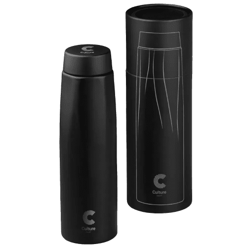 Promotional reusable metal bottle in Black showing the packaging it comes in from Total Merchandise