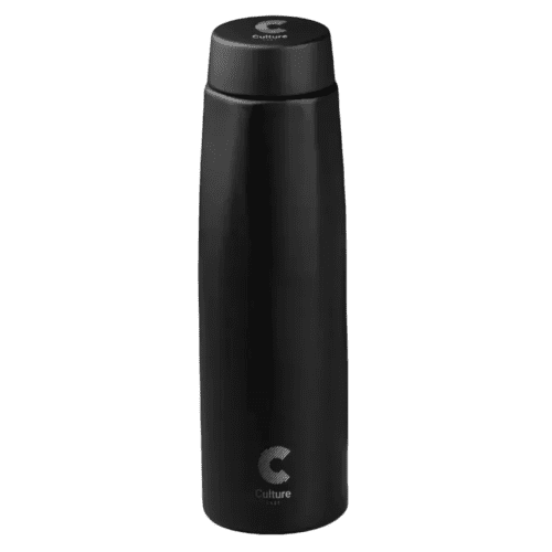 Promotional reusable metal bottle in Black showing the packaging it comes in from Total Merchandise