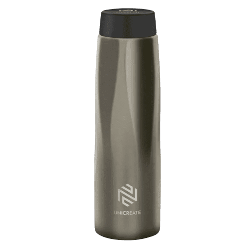 Dark Grey reusable metal flask with example logo/design on the front from Total Merchandise