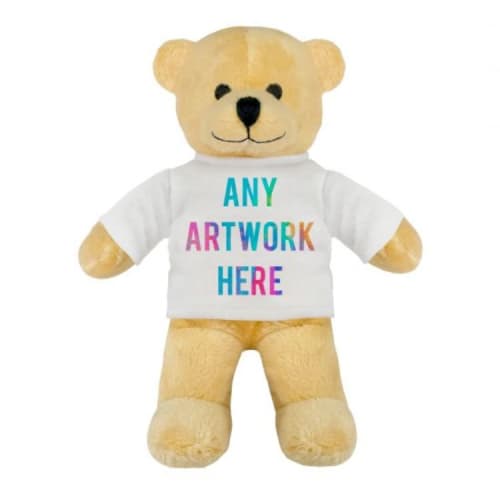 Custom printed light brown 14cm Henry Teddy Bear in a T-Shirt is logo-branded by Total Merchandise