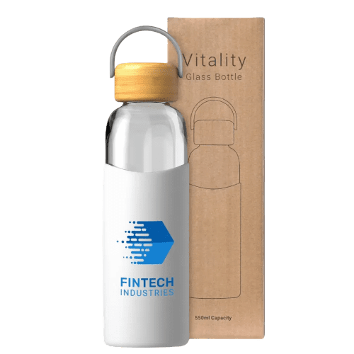 Custom Branded glass bottle with the white choice of a silicone sleeve and company logo