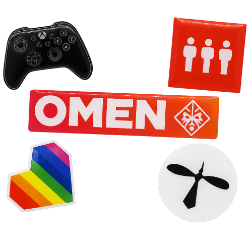 Customisable Badges with full-colour print logo examples in stainless steel from Total Merchandise