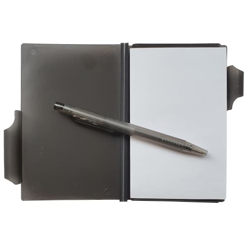 Promotional Pocket Pad and Pen Set in Black Sitting Open from Total Merchandise