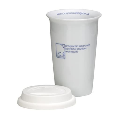 Promotional Ceramic Reusable Coffee Cups in White Printed with a Logo by Total Merchandise
