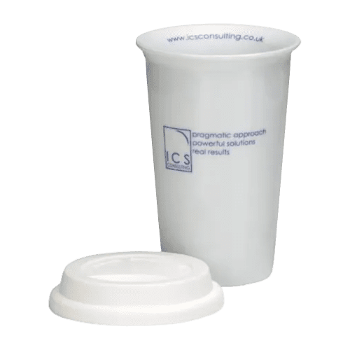 Promotional Ceramic Reusable Coffee Cups in White Printed with a Logo by Total Merchandise