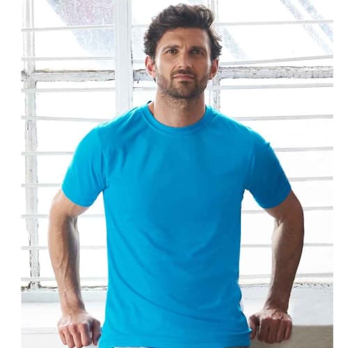 Promotional Recycled T-shirt in Sapphire Blue being worn by the model to show its comfortable fit