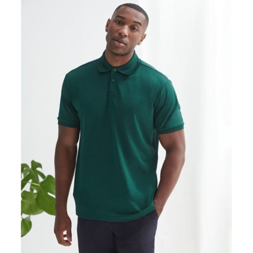 Promotional Recycled Polyester Polo Shirt in Bottle Green shown on a model