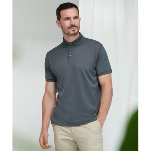 Custom Branded Recycled Polyester Polo Shirt in Charcoal shown on a model