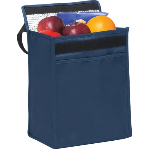 Personalisable Tonbridge Eco Lunch Cooler Bag in Navy Blue giving examples of what to put inside