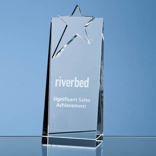 Promotional 18cm Optical Crystal Star Rectangle Award in Clear engraved with your design