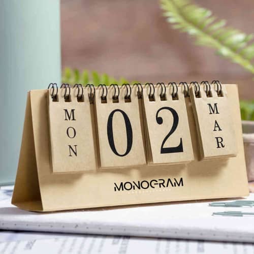 Promotional Everlasting Eco Calendar in Natural sat on someone's desk to remind them of the date