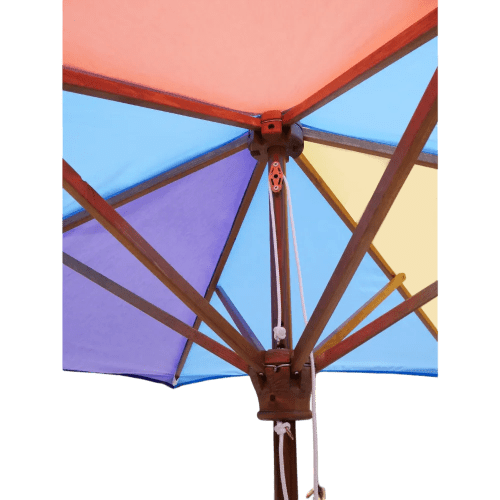Lifestyle image of the Express 2.5m Wooden Parasols with a design from Total Merchandise