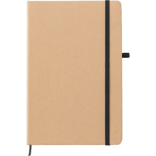 Custom branded Stone Paper Notebook in Black with elastic closure, pen loop, and ribbon page marker