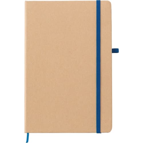 Logo printed Stone Paper Notebook in Blue with elastic closure, pen loop, and ribbon page marker