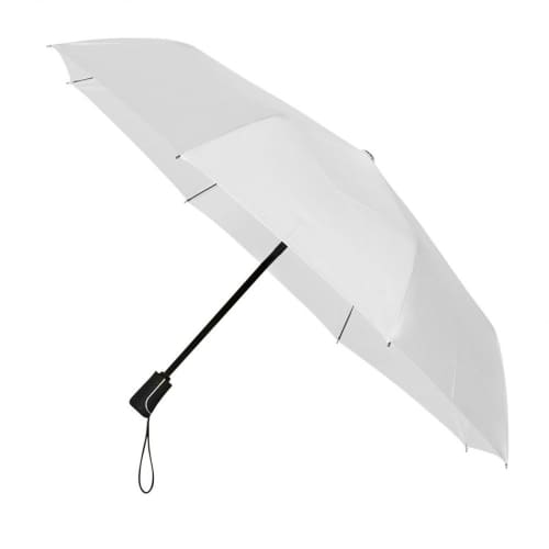 Customisable Impliva Folding Umbrella in White propped up from Total Merchandise